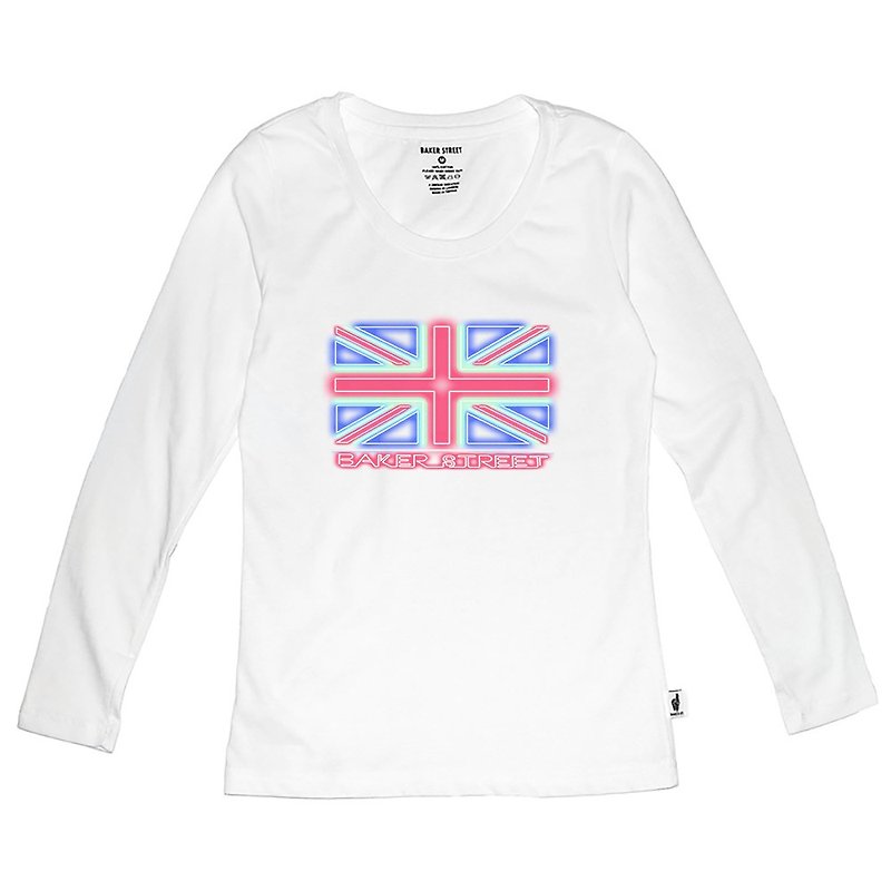 英國潮流品牌【Baker Street 貝克街】女裝．純棉．薄長袖．霓虹國旗 Ｂ．Union Jack in Neon - T 恤 - 棉．麻 白色