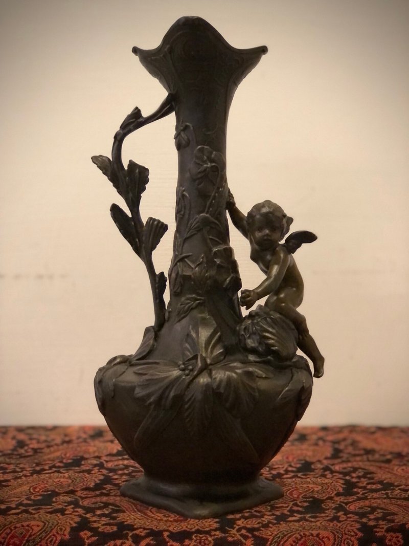 法國百年Art nouveau大型天使錫青銅雕花瓶-有落款 - 花瓶 - 銅/黃銅 卡其色