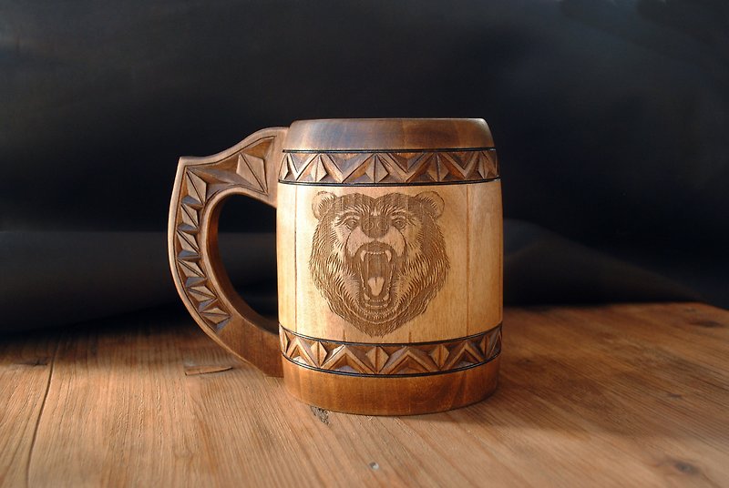 Wooden bear beer mug Man anniversary gift Dad Brother mug Personalized gift - แก้วมัค/แก้วกาแฟ - ไม้ 