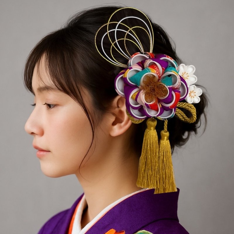 古董和服椿花手工髮飾套組 – 獨特優雅 - 髮夾/髮圈 - 絲．絹 紫色