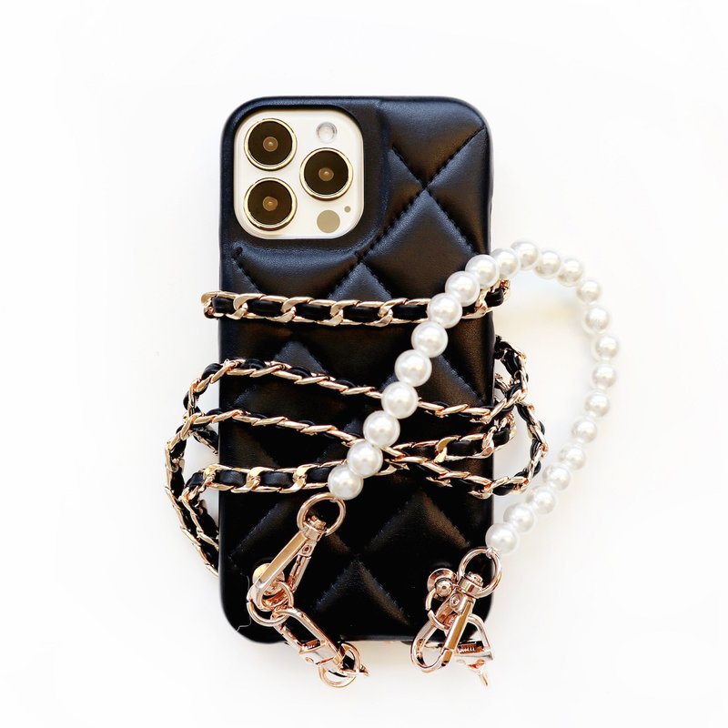 黑色菱格小香風珍珠金鏈手機殼 - 手機殼/手機套 - 塑膠 黑色