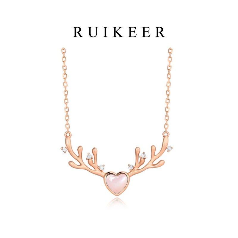925純銀鍍白金天然粉貝母愛心馴鹿角項鍊 - 項鍊 - 純銀 粉紅色