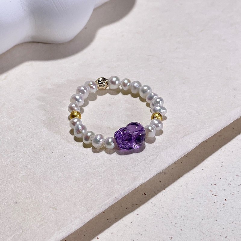 Lucky Pixiu Pearl Ring|Pixiu|Amethyst|Natural Freshwater Pearl|Crystal Pearl Ring A41-2 - General Rings - Pearl White