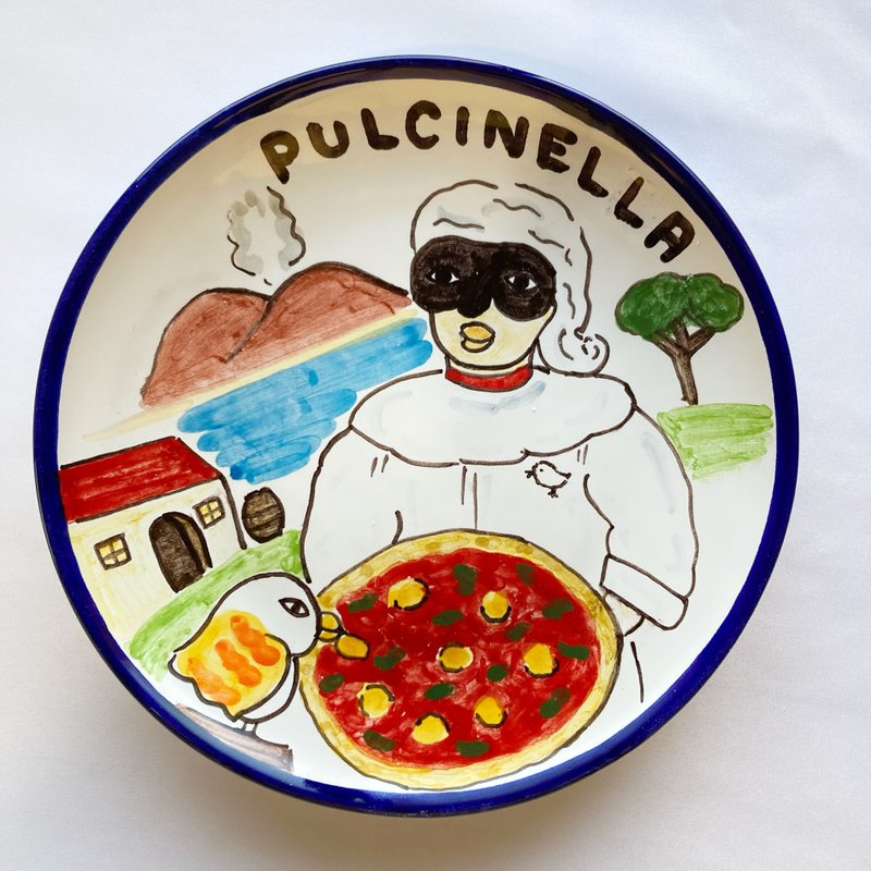丸皿 20cm　プルチネッラ　ナポリピッツァ マヨリカ焼き イタリア陶器　壁掛け - 盤子/餐盤/盤架 - 陶 紅色