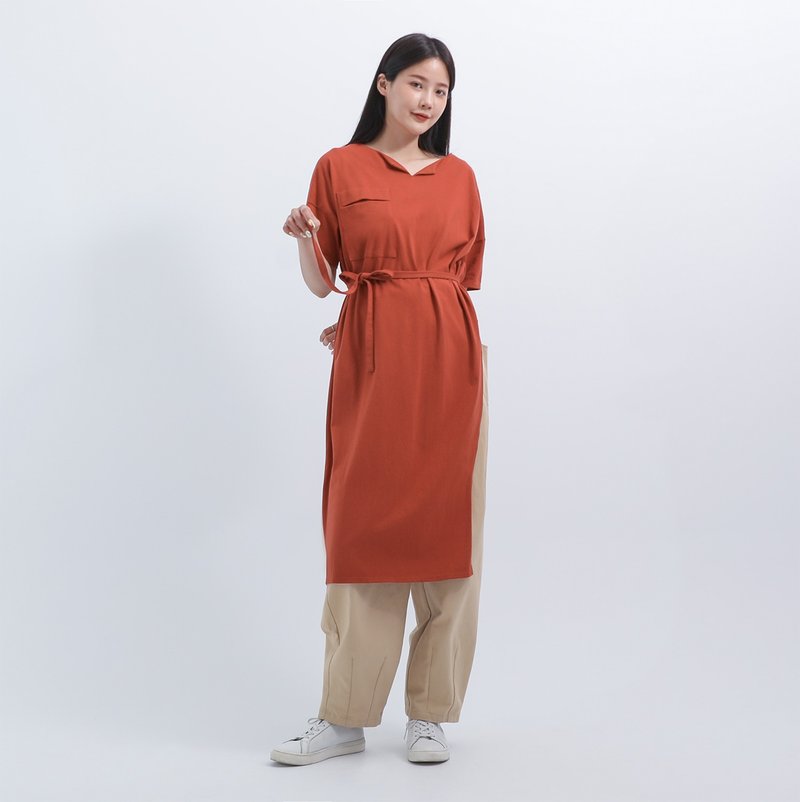Poxiao_破曉綁帶長上衣_22SF008_磚紅 - 女上衣/長袖上衣 - 聚酯纖維 紅色