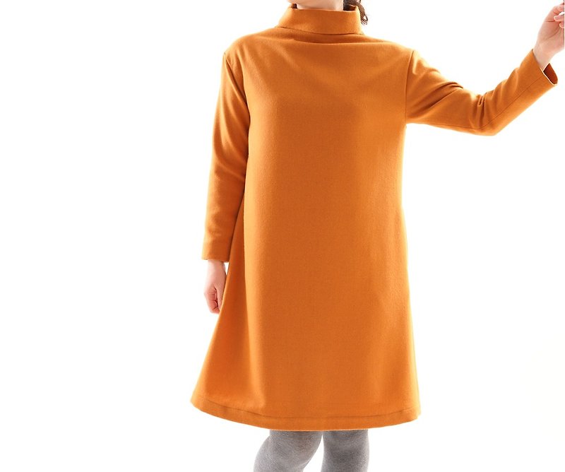 wool Lined interior high-neckline A one-piececoncealed fastener / azalea orange - ワンピース - その他の素材 オレンジ