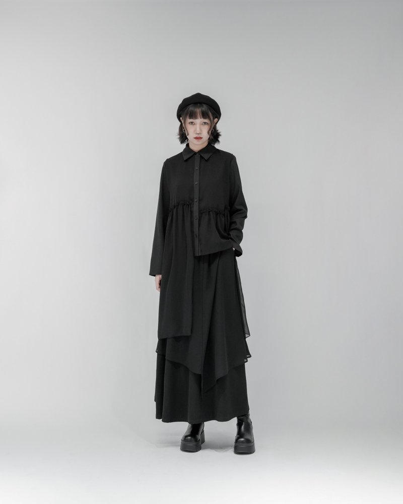MUKK DESIGN 異材質拼接花邊波紋紗襯衫 - 女襯衫 - 聚酯纖維 黑色