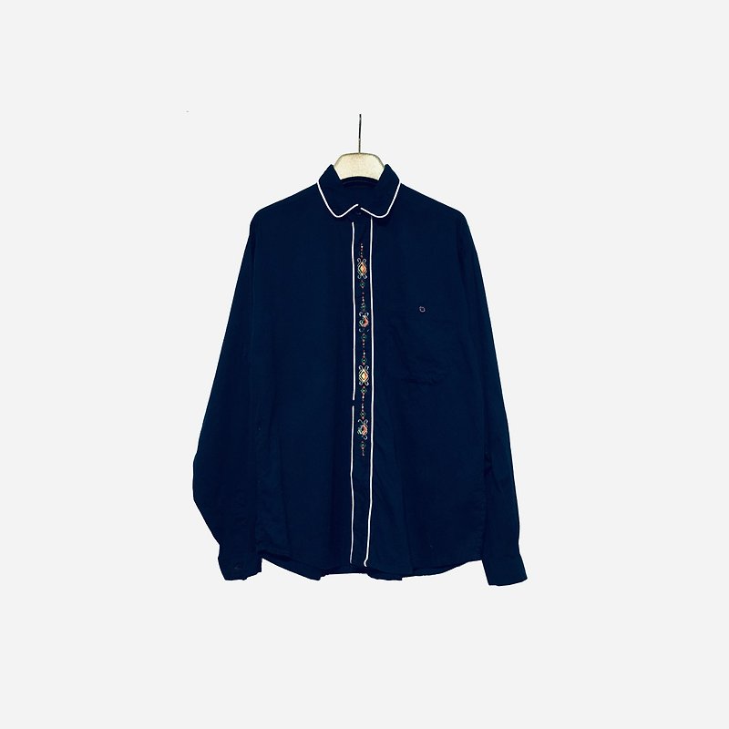 Dislocated vintage / embroidered dark blue shirt no.1209 vintage - เสื้อฮู้ด - ผ้าฝ้าย/ผ้าลินิน สีน้ำเงิน