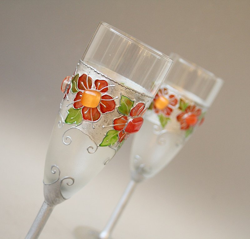 Wedding Glasses,  Retro Wedding, Coral  Red Orange Wine Glasses - 酒杯/酒器 - 玻璃 紅色