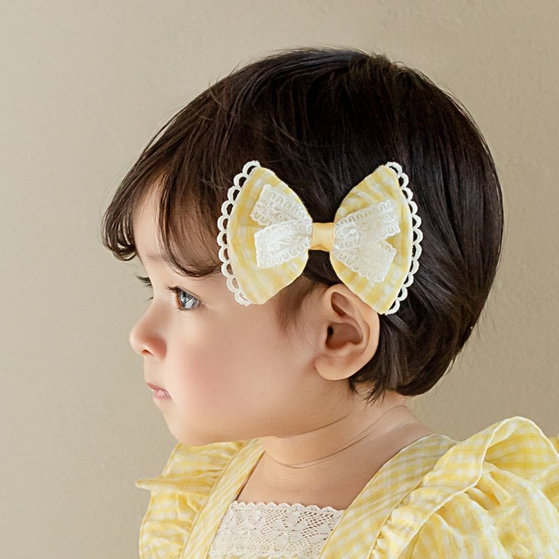 Happy Prince Korean Made Bonnea Yellow Plaid Lace Bow Knot Baby Girls and Children Hair Clips - เครื่องประดับ - ผ้าฝ้าย/ผ้าลินิน สีเหลือง