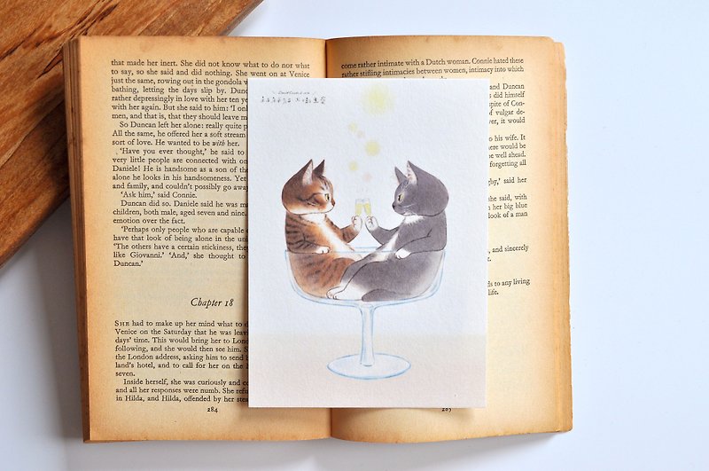 Cat Illustration Postcard-Dessert Goblet - การ์ด/โปสการ์ด - กระดาษ ขาว