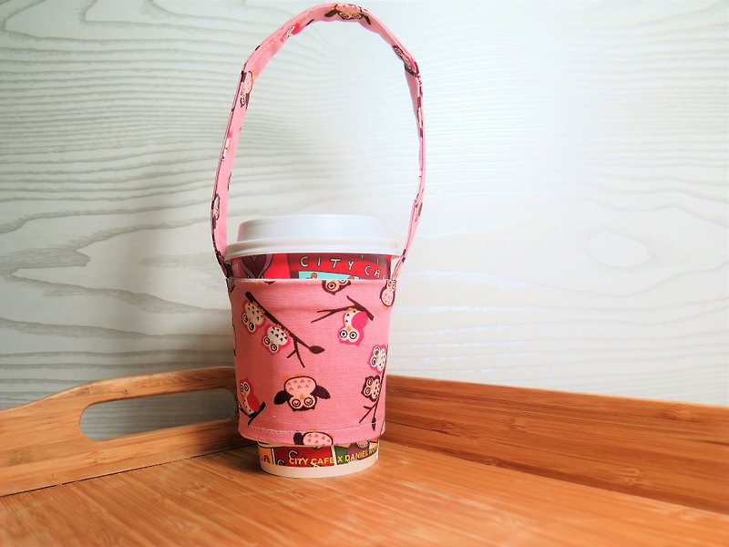 Owl (pink) / green drink cup cover. Bag. "Plastic limit policy new measures." Environmental protection cloth rugged - Beverage Holders & Bags - Cotton & Hemp Pink