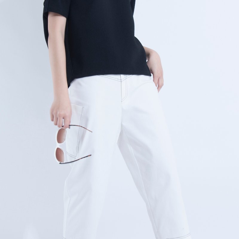 Aine ann / side pocket car line cotton pants - white - กางเกงขายาว - ผ้าฝ้าย/ผ้าลินิน ขาว