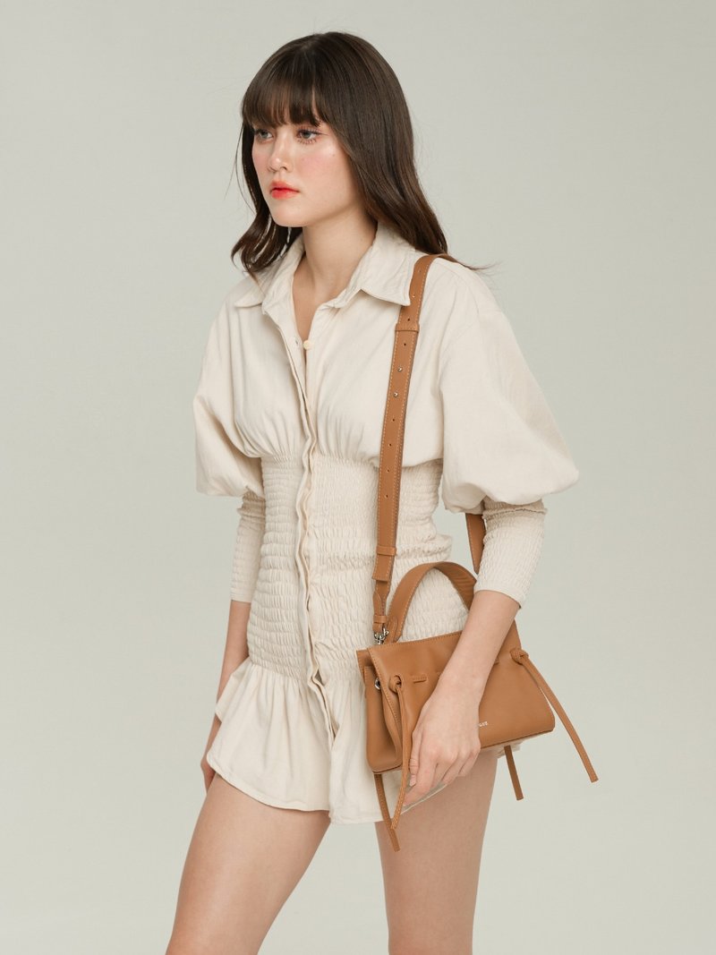 Drawstring genuine leather Crossbody bag - 手提包/手提袋 - 真皮 咖啡色