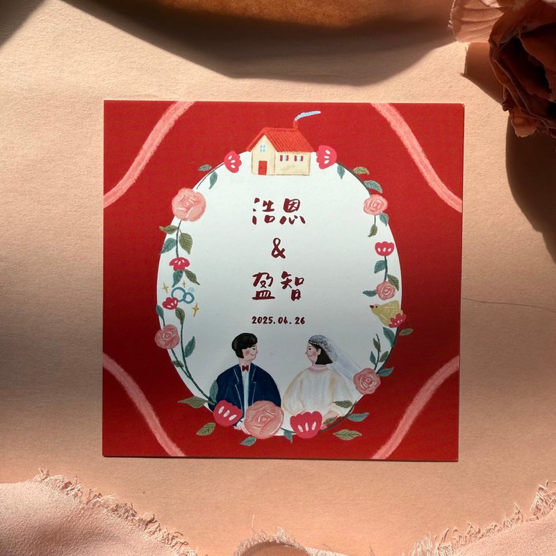 【客製】紅玫瑰喜餅謝卡 可愛插畫 代印姓名 日期 背後文字 - 卡片/明信片 - 紙 紅色