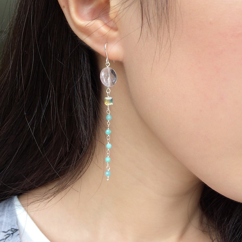925 silver-rose quartz & Austrian crystal-simple amazonite earrings - ต่างหู - เครื่องเพชรพลอย หลากหลายสี