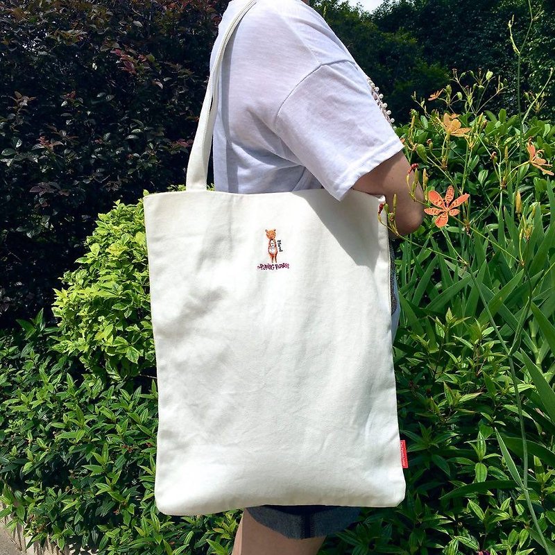 The. Playing. Forest-Pharrell Embroidery Canvas Tote (White) - Handbags & Totes - Cotton & Hemp White