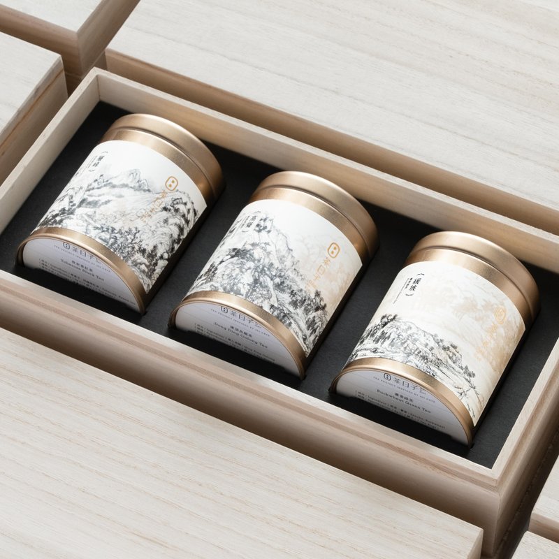 [Mid-Autumn Festival Gift] Fuchun Mountain Residence Picture Paulownia Wood Gift Box | 3 cans for corporate gifts/Mid-Autumn Festival Gift Box - Tea - Fresh Ingredients Gold