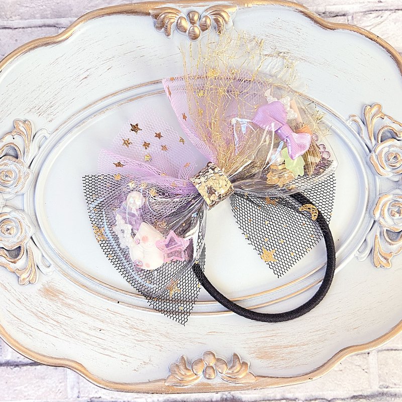 Clear tulle ribbon ghost broom purple black hair tie - เครื่องประดับผม - วัสดุอื่นๆ สีม่วง