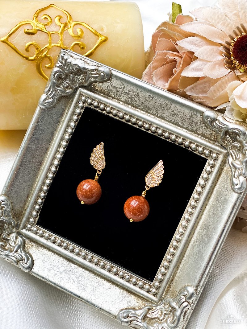 Stone | Gold Stone Angel Feather Sandstone Earrings - ต่างหู - เครื่องเพชรพลอย สีทอง