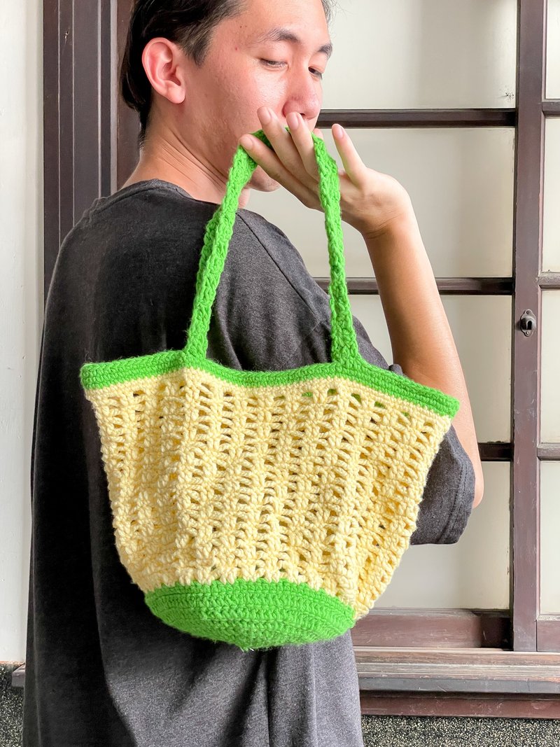 【Grandma Weaving】Handmade crochet shopping bag - Xiaoyu watermelon color - Handbags & Totes - Wool Multicolor