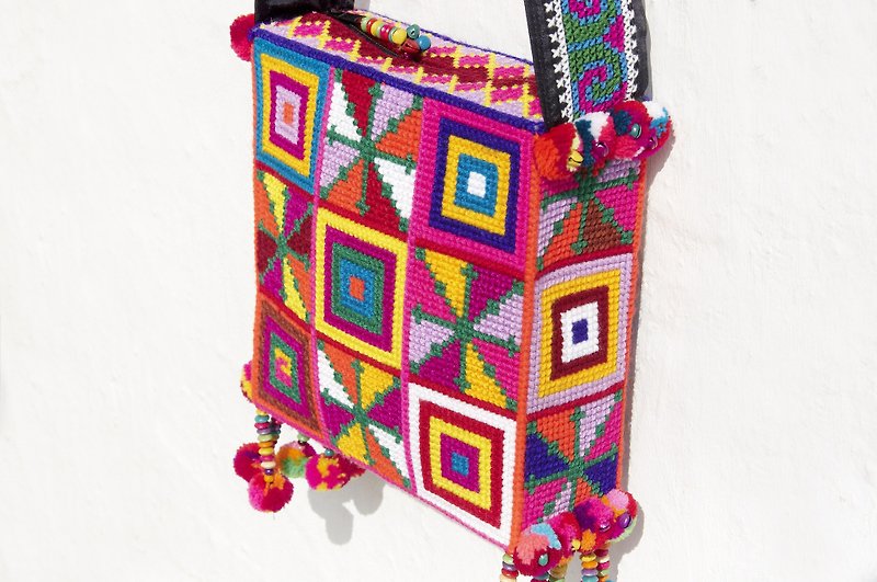 Christmas gift exchange gift Christmas market limited one handmade crochet side backpack / shoulder bag / tote bag / cross-body bag / woven bag / wayuu style embroidery bag-Passion South America totem square woven bag - Clutch Bags - Wool Multicolor