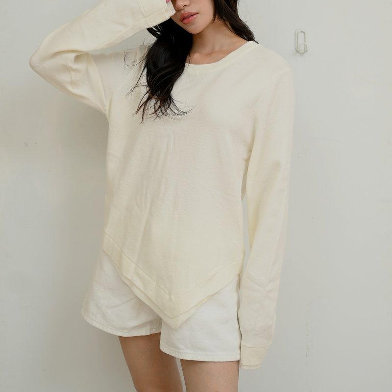 疊穿角狀下襬-假2件圓領口素面長袖毛衣-米白色 - 女上衣/長袖上衣 - 聚酯纖維 白色