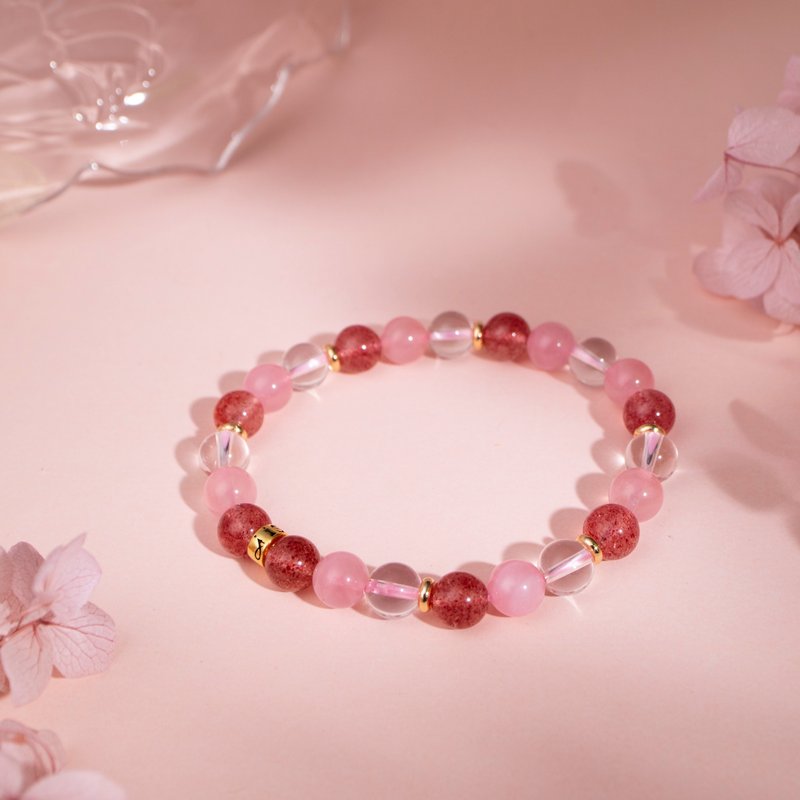 Pink Bubble Design | Rose Quartz | White Quartz | Strawberry Quartz | 7.5-8.5mm - สร้อยข้อมือ - คริสตัล สึชมพู