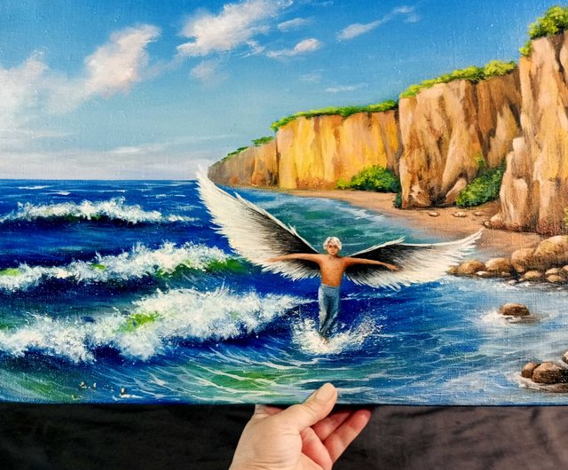 天使がいる海の風景画。作者の作品。油絵。 - ショップ