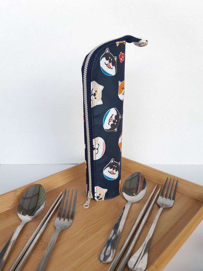Shiba Inu Waterproof Cutlery Bag Birthday Gift Exchange Picnic Outing Eco-friendly Small Things - ตะเกียบ - วัสดุกันนำ้ สีน้ำเงิน