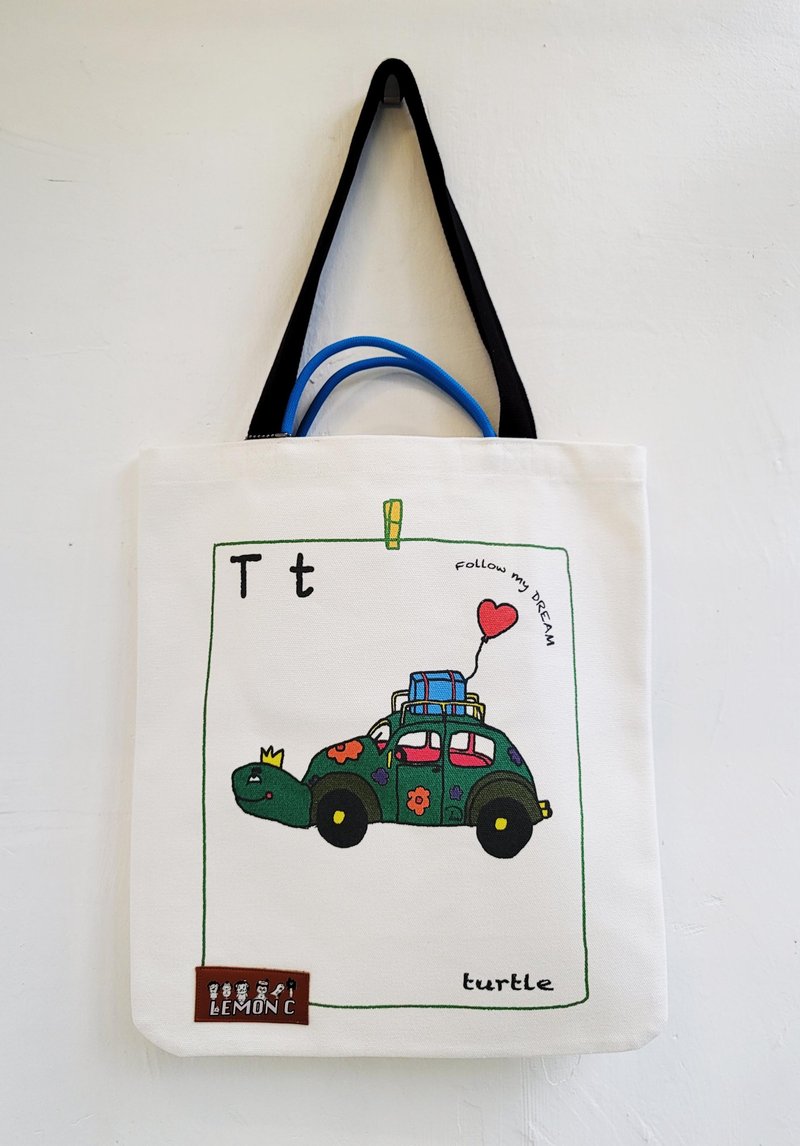 ผ้าฝ้าย/ผ้าลินิน กระเป๋าถือ ขาว - T FOR Turtle TOTE BAG