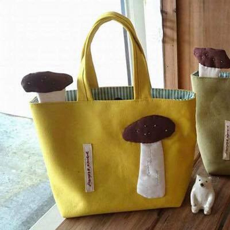 Coffee Mushroom Tote Bag/Mustard Yellow Bottom/UFO Head - Handbags & Totes - Cotton & Hemp Yellow