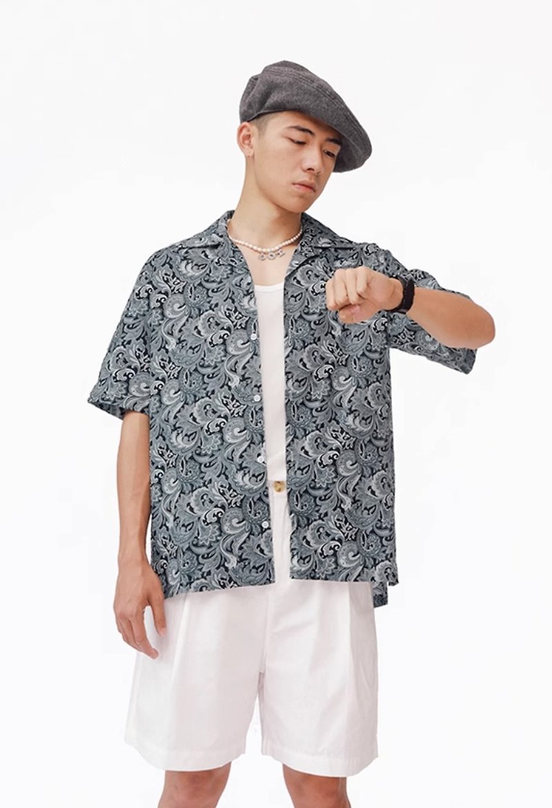 Japanese retro cashew flower Cuban collar short-sleeved shirt - เสื้อเชิ้ตผู้ชาย - วัสดุอื่นๆ หลากหลายสี