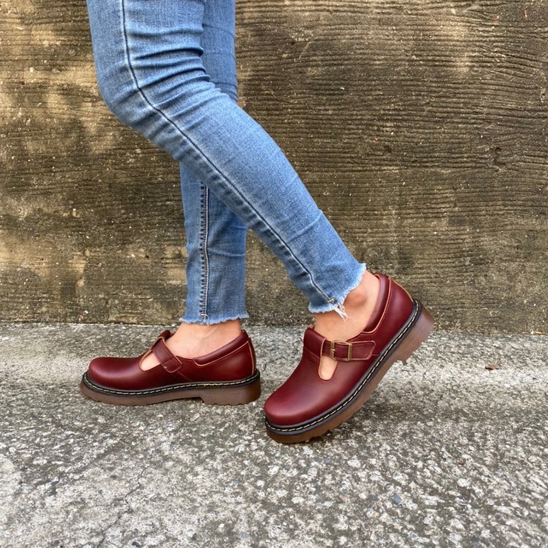 Mary Jane wide last low-top combat Mary Jane air cushion full genuine leather Taiwanese handmade shoes burgundy - รองเท้าหนังผู้หญิง - หนังแท้ สีแดง