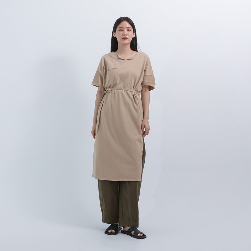 Poxiao_破曉綁帶長上衣_22SF008_奶茶 - 女上衣/長袖上衣 - 聚酯纖維 卡其色