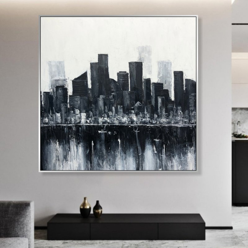 Abstract City Acrylic Painting On Canvas Black And White Cityscape Modern - ตกแต่งผนัง - อะคริลิค สีดำ