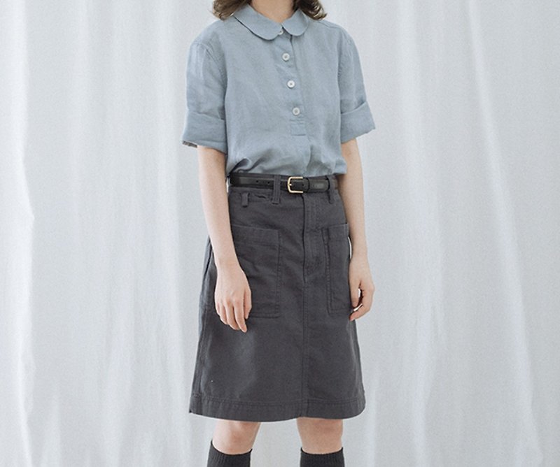 Adventure Girl Peter Pan Linen Linen Short Sleeve Shirt - Women's Shirts - Cotton & Hemp Blue