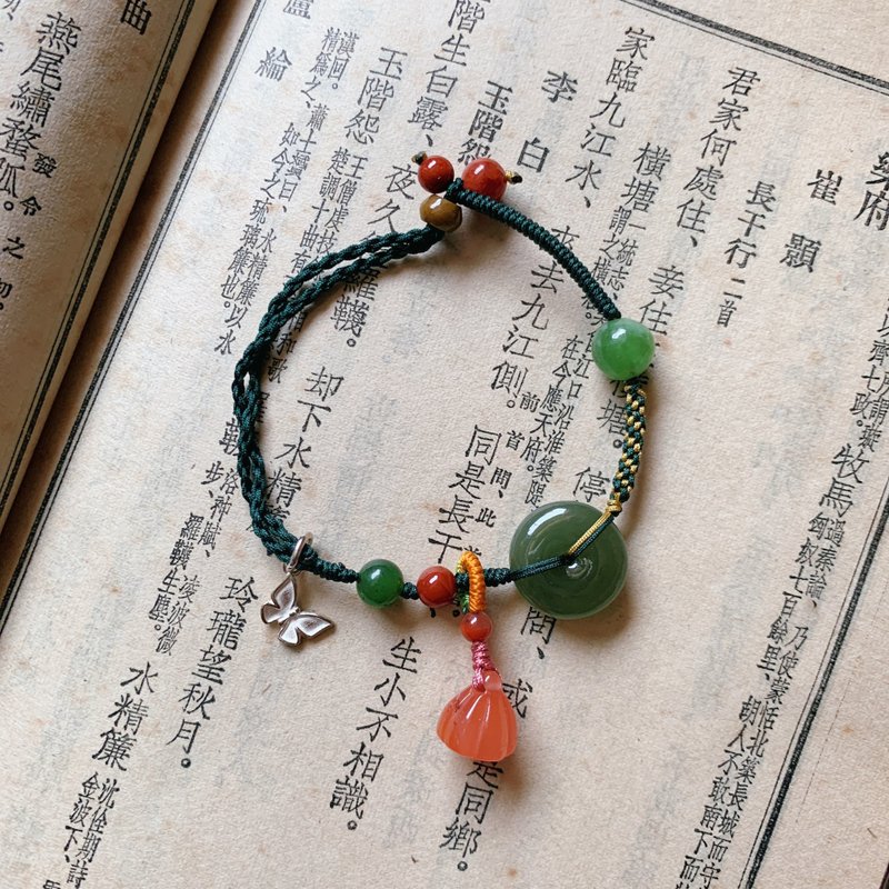 Handmade to remove turbidity. Natural Hetian jade peace buckle vintage braided bracelet jasper south red jadeite 925 Silver butterfly - Bracelets - Jade Green