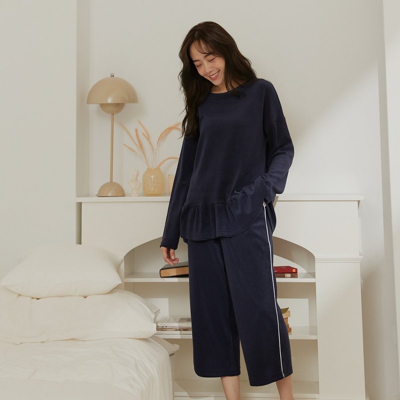 Warm terry cloth lotus leaf home clothes-midnight blue/UMORFIL/collagen yarn - ชุดนอน/ชุดอยู่บ้าน - ผ้าฝ้าย/ผ้าลินิน สีน้ำเงิน