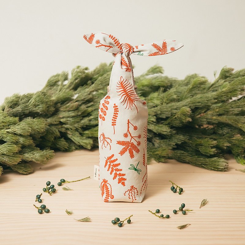 "Rabbit Ear" Bottle Holder / Weeds and Dragonfly / Red Brick - Beverage Holders & Bags - Cotton & Hemp Red
