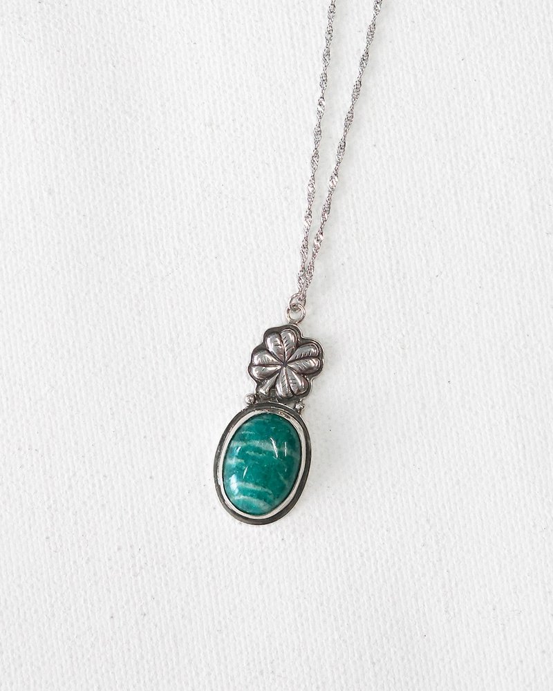 Lucky Clover Amazonite Gemstone Handmade Sterling Silver Necklace - สร้อยคอ - เงิน สีเงิน