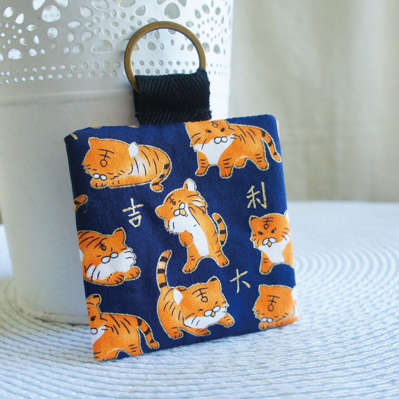 Lovely [tiger newspaper auspicious and safe amulet bag, blue] amulet, signed poem bag, money and water bag, earphone bag - Omamori - Cotton & Hemp Blue