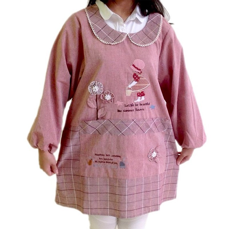 [BEAR BOY] Japanese style three-pocket long-sleeved apron-gardening girl-pink - Aprons - Other Materials 