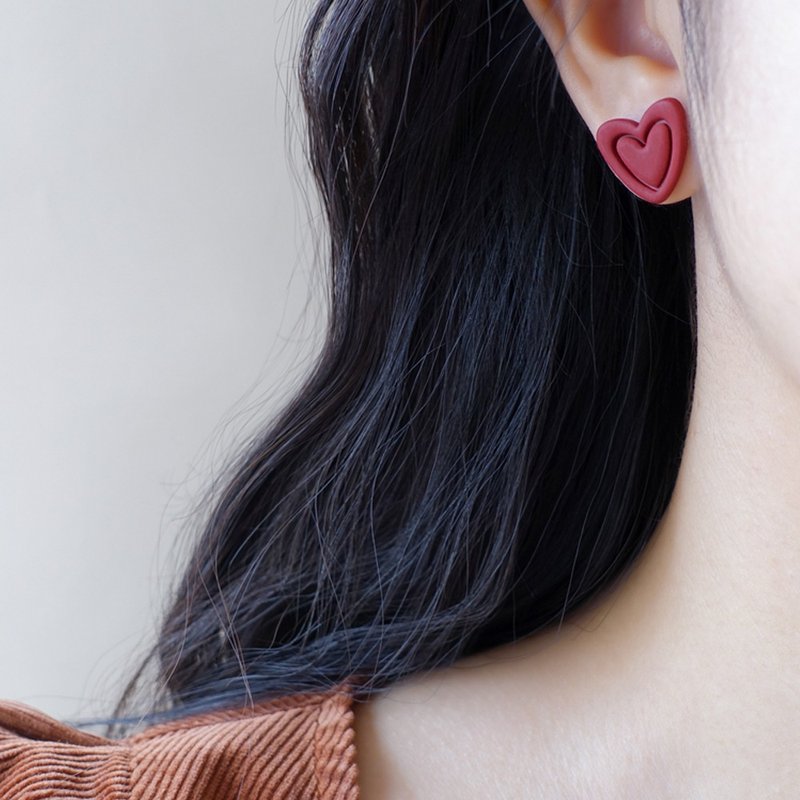 Burgundy red cookie heart polymer clay earrings studs - Earrings & Clip-ons - Pottery Red