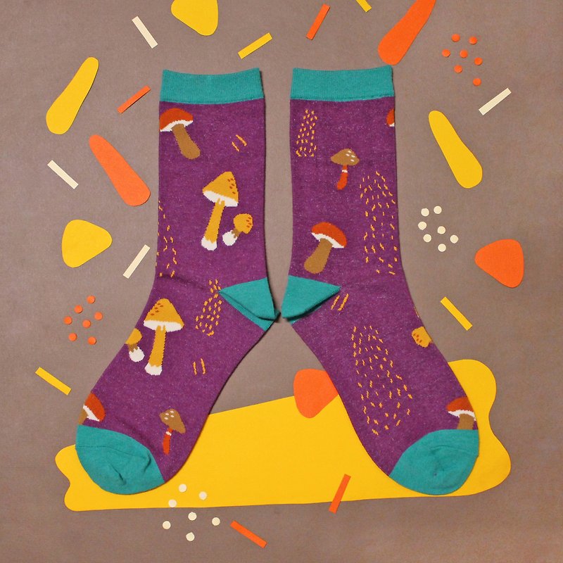 Mushroom Purple Unisex Crew Socks | mens socks | womens socks | colorful fun & comfortable socks - ถุงเท้า - ผ้าฝ้าย/ผ้าลินิน สีม่วง