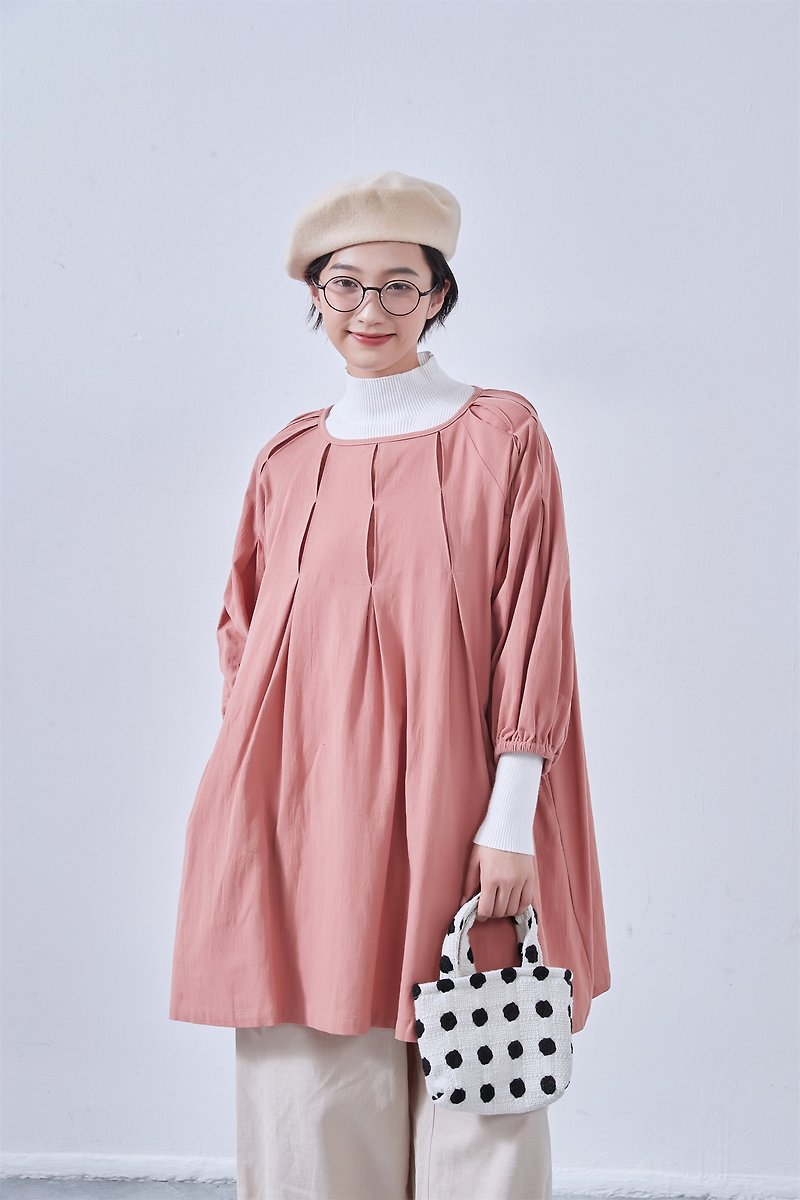 100 cotton, tunic length, tuck stitching, A-line, long sleeve dress KNNO358 - One Piece Dresses - Cotton & Hemp Black