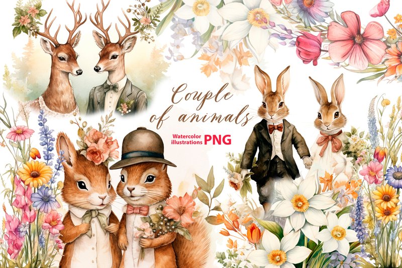 Watercolor animal couple clipart set, 10 Png, Vintage style Clipart, cottagecore - 電子手帳及素材 - 其他材質 