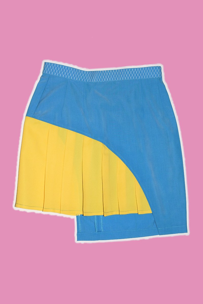 黃藍拼色不對稱短裙 - 裙子/長裙 - 聚酯纖維 藍色