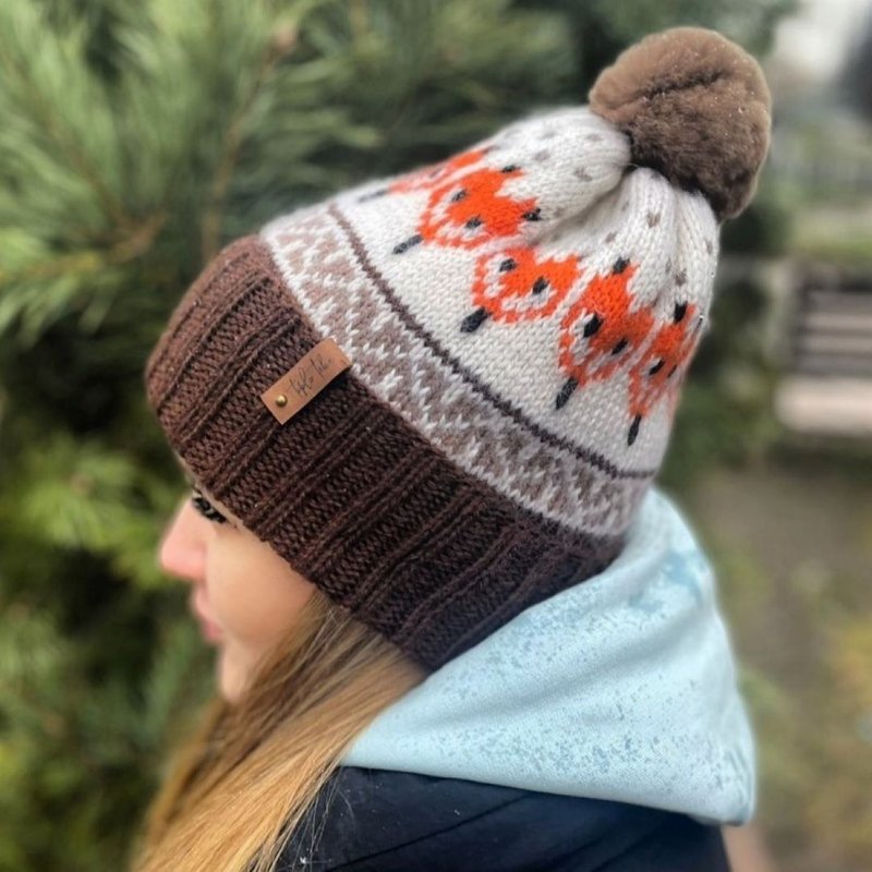 Knitted jacquard unisex pompom hat/ Womens hat/ Handmade hat - 帽子 - 羊毛 多色