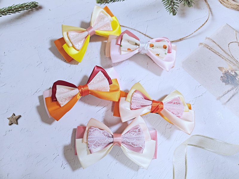 Original hair accessories romantic sweetheart series red and yellow sweet and cute ribbon lace handmade hairpins - เครื่องประดับผม - เส้นใยสังเคราะห์ หลากหลายสี